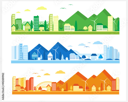 Urban landscape with mountains in different colors. Suburban houses and skyscrapers. City view.