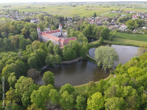 Aerial view of Panemune castle in Jurbarkas district, a popular tourist destination in Lithuania