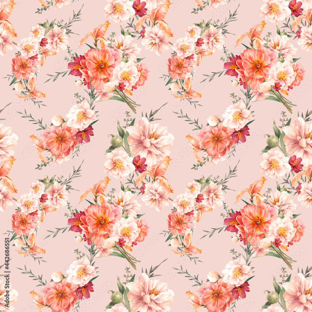 Floral seamless pattern. Peony flowers, iris, greenery watercolor texture. Blush wallpaper design, fabric or wrapping paper print