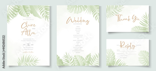 Summer wedding card design with tropical leaf ornament