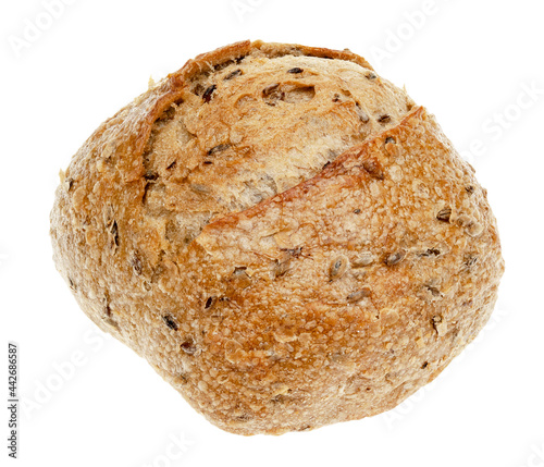 Wheat round bread with sprouted grains and sunflower seeds isolated on a white background