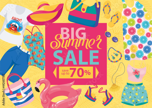 Summer sale banner with female clothes elements and beach accessories. Discount, offer, advertizing, promotion, fasion. Vector illustration, cartoon, flyer, coupon, vaucher