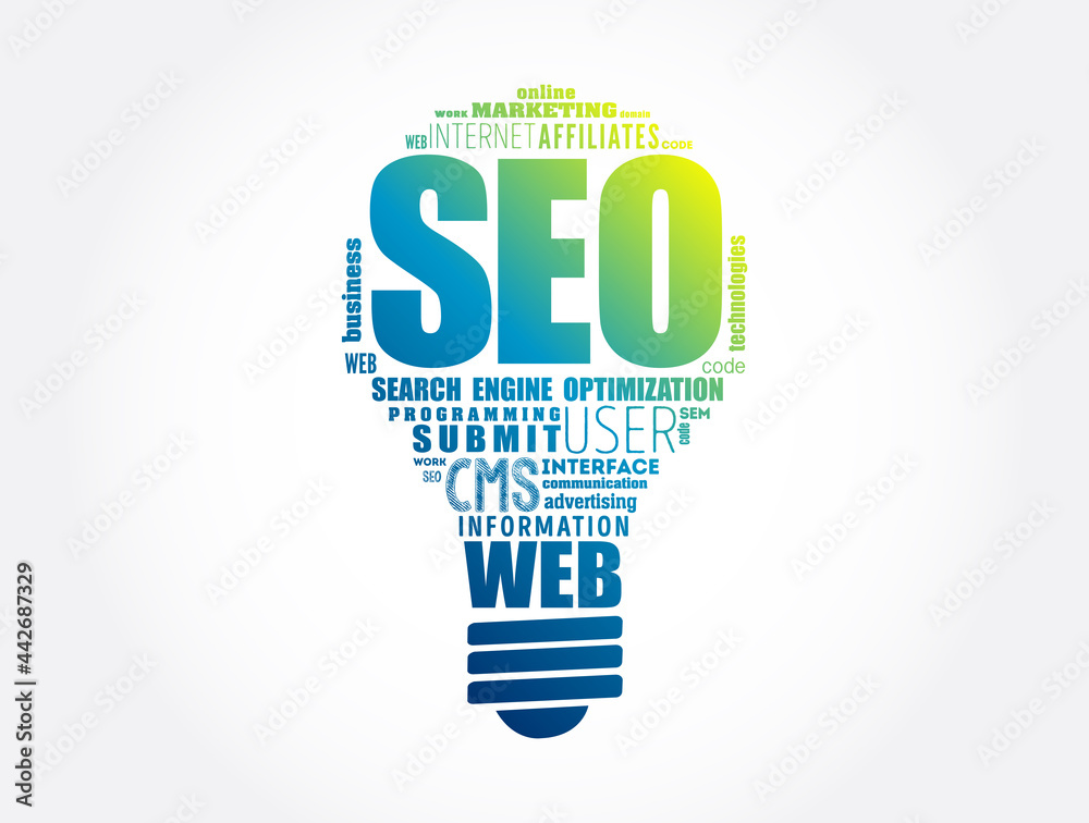 SEO (Search Engine Optimization) light bulb word cloud, business technology concept background SEO (Search Engine Optimization) light bulb word cloud, business technology concept background