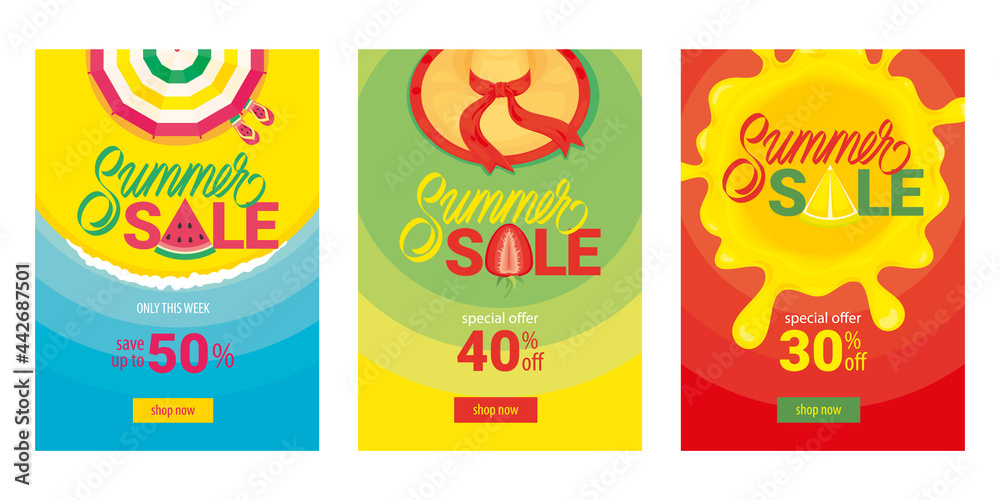 Set of summer sale stories template. Vacation, holidays, beach. Vector illustration, banner, flayer, background