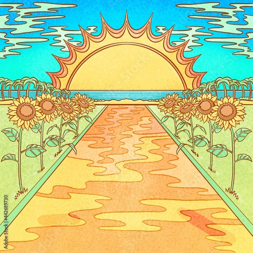 Sunflower sunny beachside landscape hand drawn psychedelic illustration