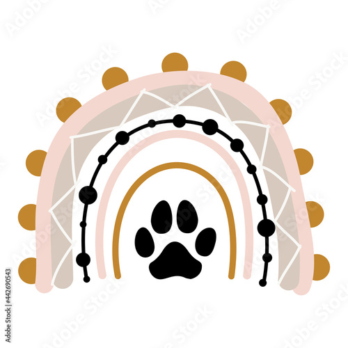 Dog footprints in boho rainbow logo. - lovely vector decoration. Good for logo elements, posters, textiles, gifts, t shirts. Pet lover symbols.