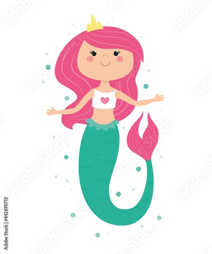 Cute mermaid in cartoon style. Children's illustration, print for clothes, sticker, poster. Vector.