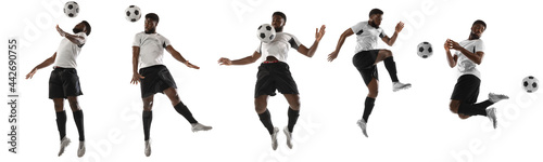 Young african football, soccer player isolated on white background. Concept of motion and action in sport. Training in jump, flight. Collage