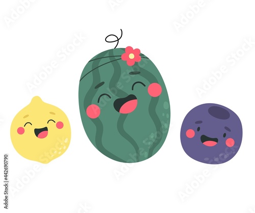 Happy fruits, summer party. Watermelon, lemon, blueberry. Vector isolates on a white background. Children's illustration, food, cute.