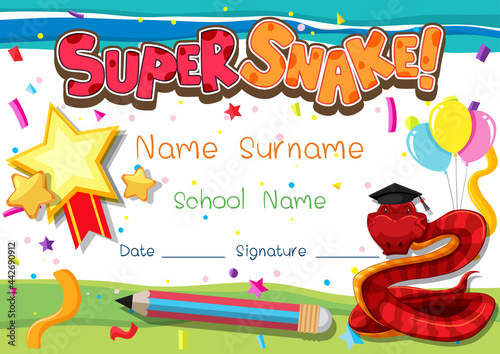 Diploma or certificate template for school kids with super snake cartoon character © blueringmedia