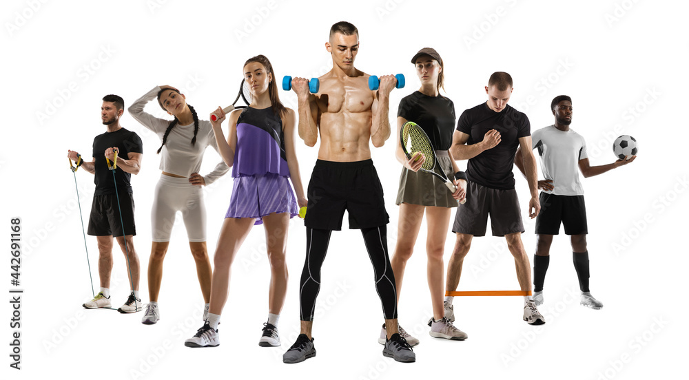 Fototapeta premium Sport collage. Tennis, fitness, soccer football players posing isolated on white studio background.