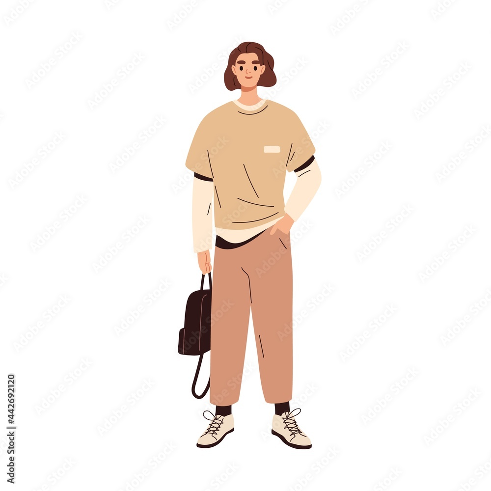 Modern man in fashion casual clothes. Young guy in trendy outfit. Male character with backpack, wearing pants and long sleeve. Fashionable men look. Flat vector illustration isolated on white