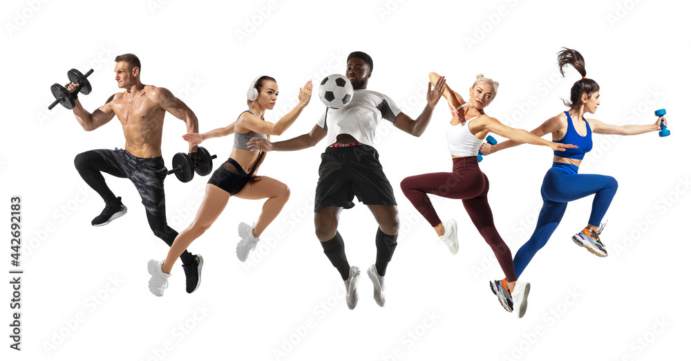 Sport collage. Running, fitness, soccer football players in action isolated on white studio background.