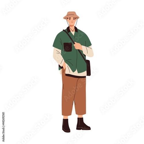 Young modern man wearing fashion casual clothes. Stylish guy in trendy hat, shirt, pants and boots. Male model with cross-body bag. Fashionable summer look. Flat vector illustration isolated on white