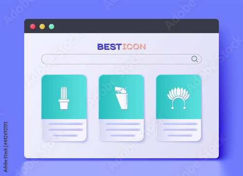 Set Revolver gun in holster, Cactus peyote pot and Indian headdress with feathers icon. Vector