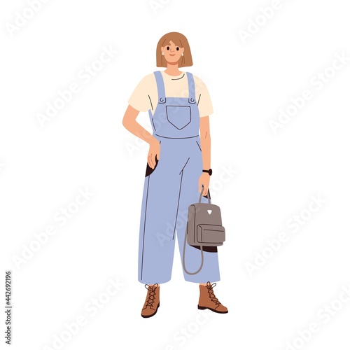 Modern woman wearing summer fashion clothes. Trendy casual outfit with loose denim overalls, t-shirt, laced boots and backpack. Colored flat vector illustration isolated on white background