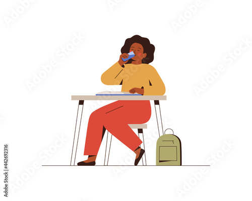 Female student drinks water from a glass with pleasure. African American school girl quenching thirst at home or in classroom. Concept of healthy lifestyle and prevention of dehydration. Vector illust