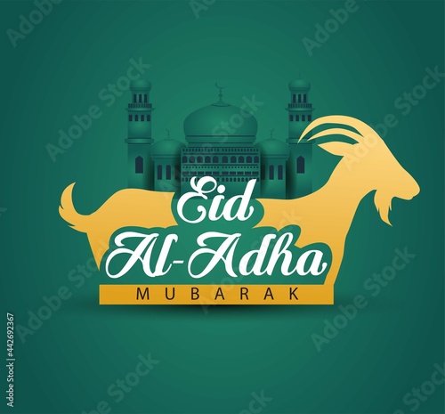 Eid Al Adha Calligraphy Text with goat illustration for eid Mubarak Celebration Background. Vector Illustration