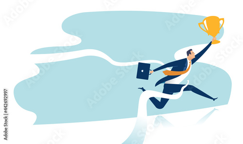 Leader. Businessman tears the finishing line. Business vector illustration