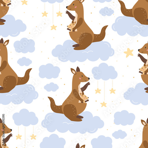 Childish seamless pattern with mother kangaroo and her baby on clouds. Sky with stars. Cute cartoon characters. Australian animals. Flat style vector illustration.