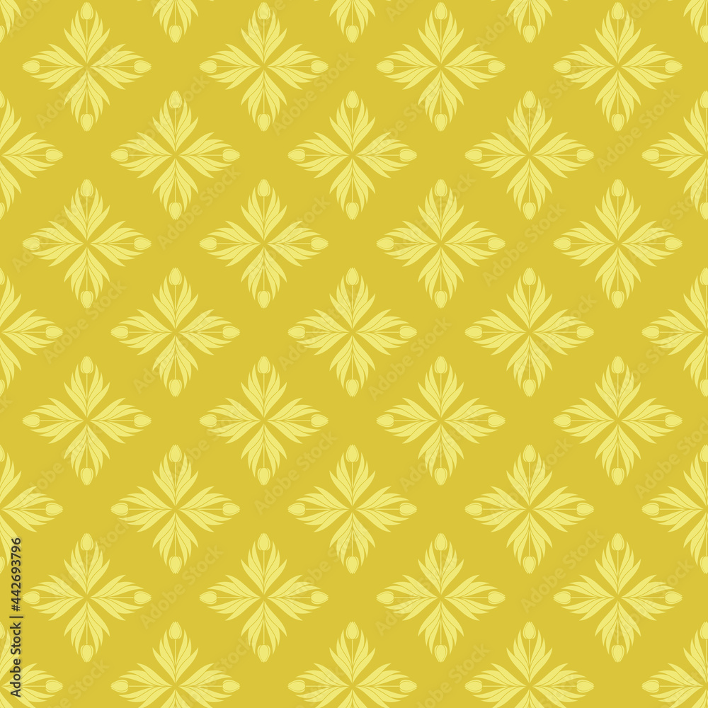 Seamless pattern with a pattern of the silhouette of tulips and leaves. Design in gold and yellow for printing, packaging, fabric. Damascus styling. Vector illustration