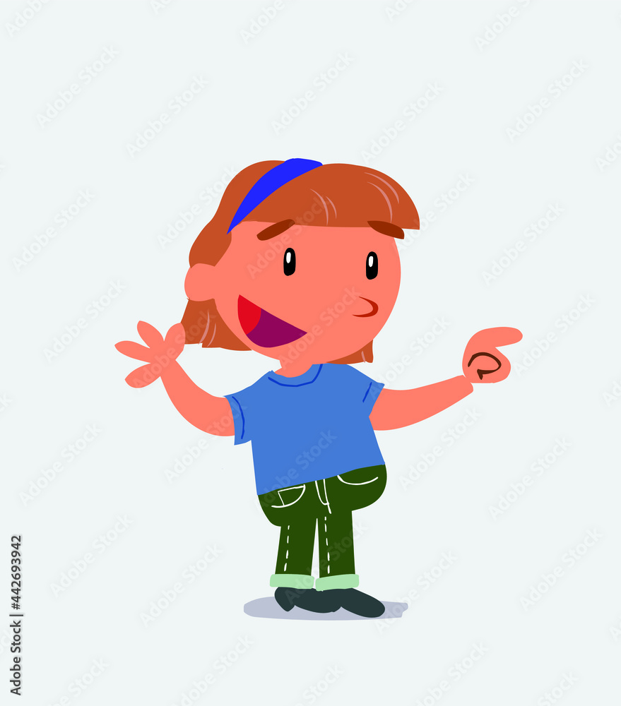 cartoon character of little girl on jeans laughing a lot while showing something