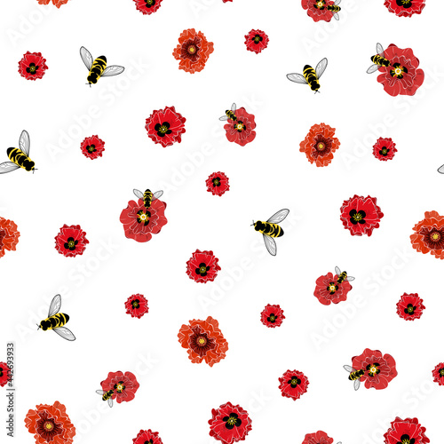 Seamless vector pattern poppies and bees on white background