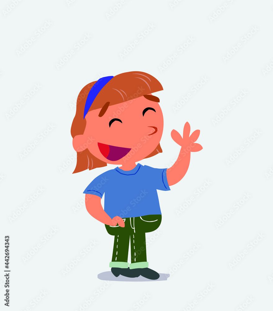 Euphoric cartoon character of little girl on jeans