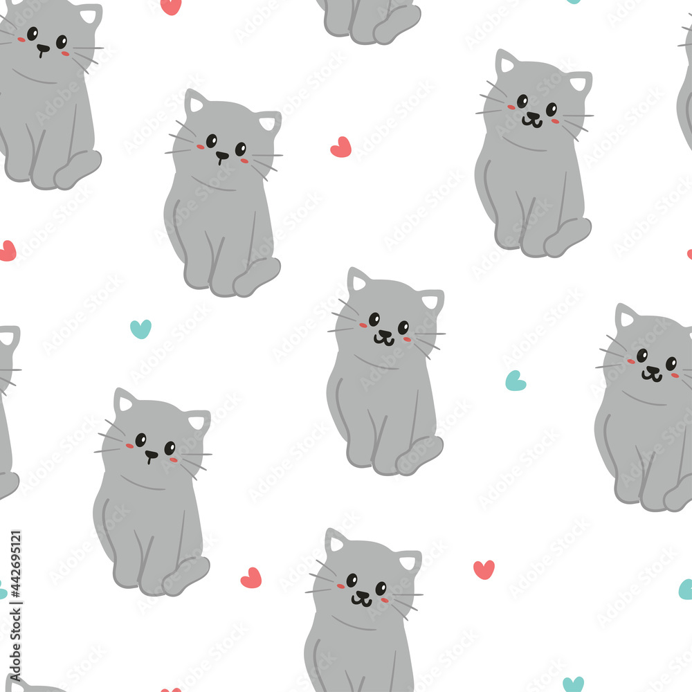 Seamless pattern with cute cartoon kitten for fabric print, textile, gift wrapping paper. colorful vector for textile, flat style Seamless pattern with cute cartoon kitten for fabric print, textile, gift wrapping paper. colorful vector for textile, flat style