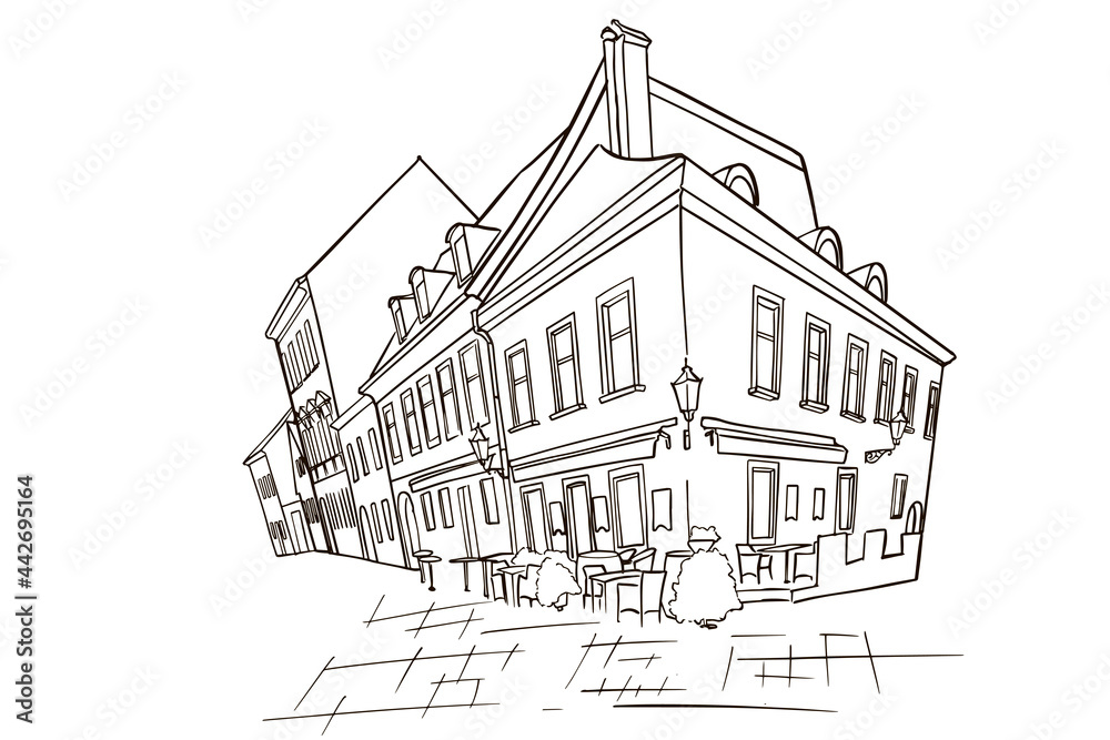Hand drawn ink line sketch of street scene in Zagreb, Croatia. Hand drawn ink line sketch of street scene in Zagreb, Croatia.