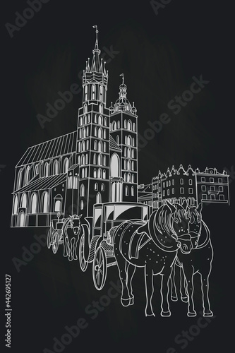 vector sketch of St. Mary's Church and the Main Market Square in the Old Town district of Krakow. Poland.