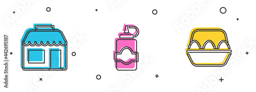 Set Market store, Sauce bottle and Chicken egg in box icon. Vector