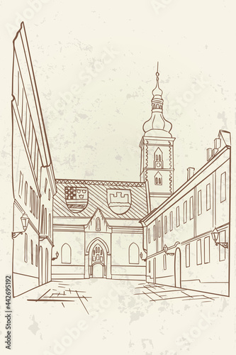 Vector sketch of Church of St.Mark in St.Mark's square in upper town in Zagreb, Croatia.