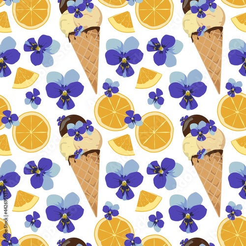 Seamless summer edible refreshing pattern of orange slices with ice cream decorated with violet flowers
