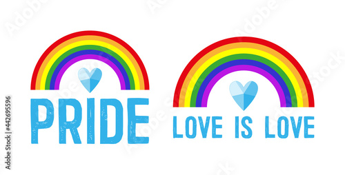 A set of LGBT symbols in the form of a rainbow, a heart, and a slogan. A set of vector illustrations of LGBT people. The concept. Pride, Love is love. The quote to the festival. For poster, card, web.