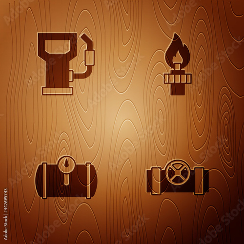 Set Metallic pipes and valve, Petrol or gas station, Gas tank for vehicle and Oil rig with fire on wooden background. Vector