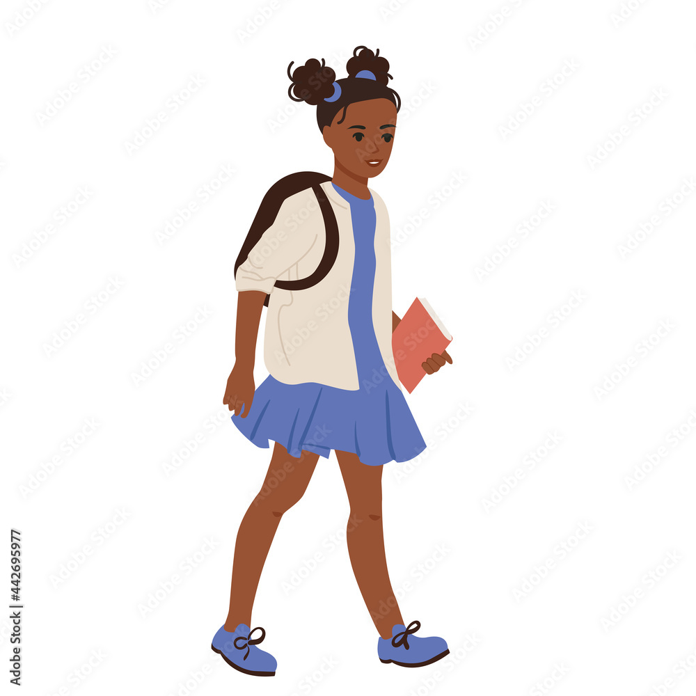 African American school girl with a backpack and a textbook in her hands. Flat vector illustration on isolated white background African American school girl with a backpack and a textbook in her hands. Flat vector illustration on isolated white background