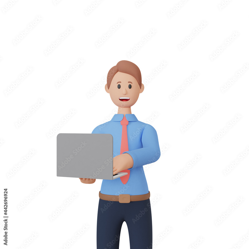3d rendering smiling man character hold a laptop. 3d rendering smiling man character hold a laptop.