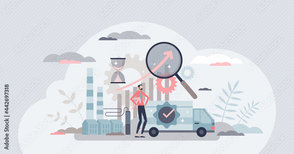 Supply chain management and logistic distribution system control tiny person concept. Production warehouse process organization from factory to retail vector illustration. SCM analysis optimization.