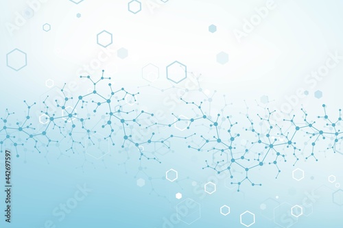 Molecular structure background. Science template wallpaper or banner with a DNA molecules. Asbtract molecule background with hexagons, wave flow, illustration.