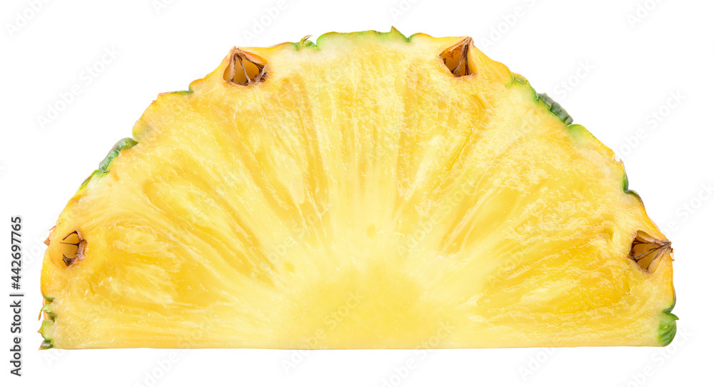 Pineapple slices isolate. Cut pineapple on white. Half of slice top view. With clipping path.
