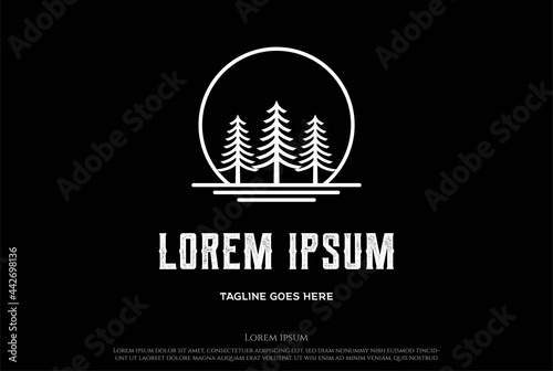 Sunrise Sunset Moon Pine Evergreen Cedar Cypress Larch Hemlock Tree Forest Lake River Logo Design Vector