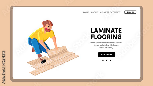Laminate Flooring Carpenter Man In House Vector. Laminate Flooring Handyman In Apartment Room. Worker Laying Wooden Panel On Floor. Character Renovation Web Flat Cartoon Illustration