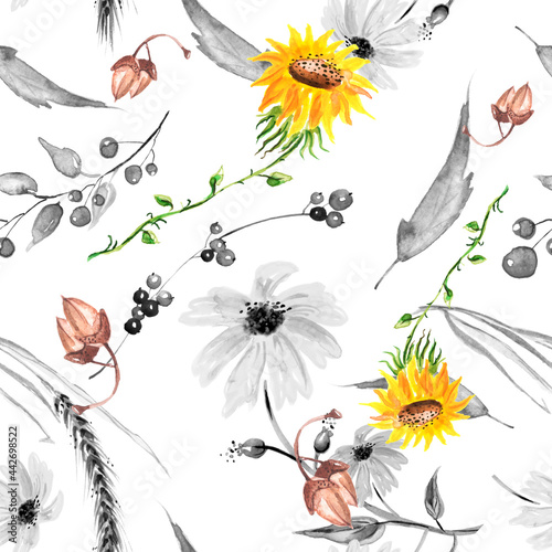 Vintage seamless watercolor pattern of plants. Herbs  flowers  chamomile calendula flowers watercolor.A branch with a berry  lingonberry  a spikelet of wheat  cereal. drawing floral background.acorn