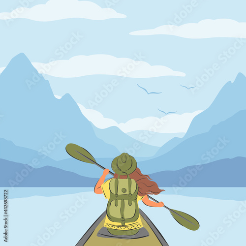 Woman with a backpack swimming in canoe or kayak among the mountains. Tourist in water trip. Wild and water fun on summer, local tourism. Vector illustration in a flat style