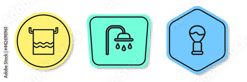 Set line Towel on a hanger, Shower head and Shaving brush. Colored shapes. Vector
