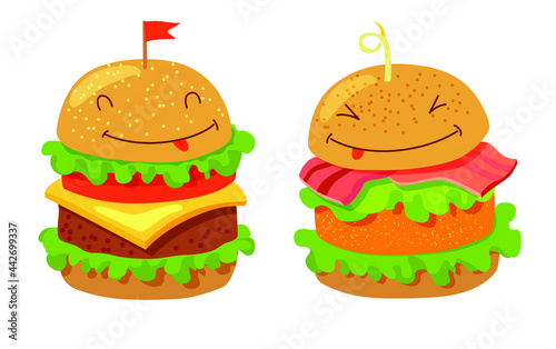drawing two cute hamburgers with salad, cheese, bacon, meat and chicken cutlet