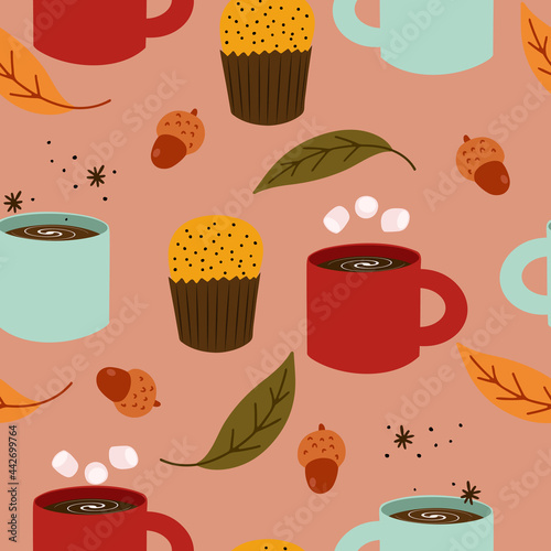Seamless pattern with autumn pumpkin muffins and hot drinks - chocolate, coffee, marshmallows, spice and falling leaves