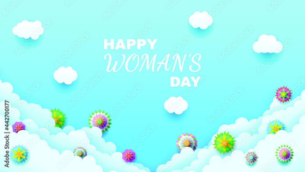 8 March Happy Woman's Day Greeting Flowers Clouds Background. Vector Design Banner Party Invitation Web Poster Flyer Stylish Brochure, Greeting Card Template