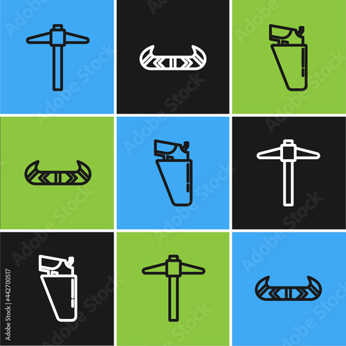 Set line Pickaxe, Revolver gun in holster and Kayak or canoe and paddle icon. Vector